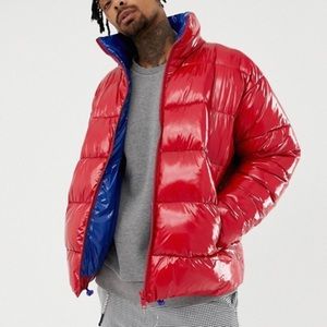 ASOS DESIGN puffer jacket in high shine in red